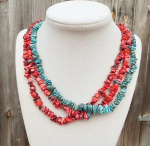 Vintage necklace coral & turquoise nugget 3-strand sterling clasp SW beaded 925 - Picture 1 of 5