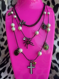 Collar Viuda Negro Vintage Chica Escuela Araña Cruz Cameo RARO - Imagen 1 de 8