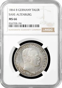 Saxe-Altenburg 1 thaler 1864 B, NGC MS66, "Duke Ernst I (1853-1908)" Top Pop 1/0 - Picture 1 of 2