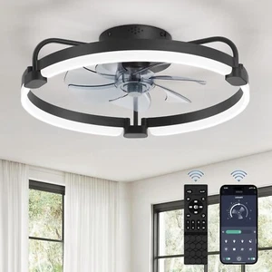 20" Low Profile Ceiling Fan with Lights, Remote, Dimmable, 6 Speeds, Black - Picture 1 of 5
