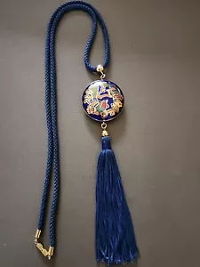 Vintage Cloisonne 1.75" Blue 2 sided Bird Theme Pendant 14"rope w/twist cl #167 - Picture 1 of 4