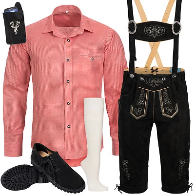 Trachten Set 6tlg Herren Trachtenlederhose mit Träger Hemd Schuhe Socken SW3R1 - Bild 1 von 4