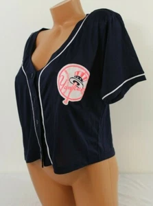 Victorias Secret Pink Mesh Jersey Crop Top Button Up Shirt Large MLB Yankees - Picture 1 of 4