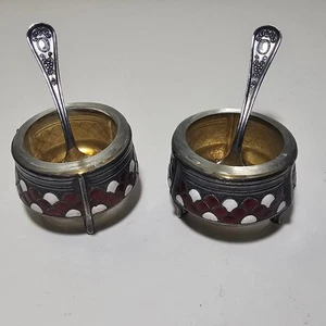Set of 2 Hommet Russian Enamel & Glass Salt Cellar 2" Red White with Spoons - Picture 1 of 8