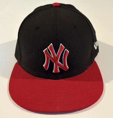 VINTAGE ERA 59FIFTY NY YANKEES FITTED HAT BLACK/RED WOOL SIZE 7 1/4 MADE IN USA - Image 1 of 4