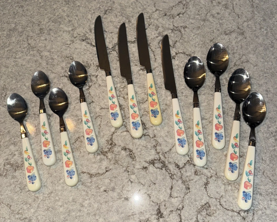 Vintage Lot 12 Pieces Stainless Flatware White Plastic Handle Fruit Design MCM - Image 1 of 4