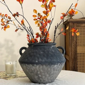 Farmhouse Ceramic Rustic Vase with 2 Handles, Black Flower Vases for Home Dec... - Picture 1 of 9