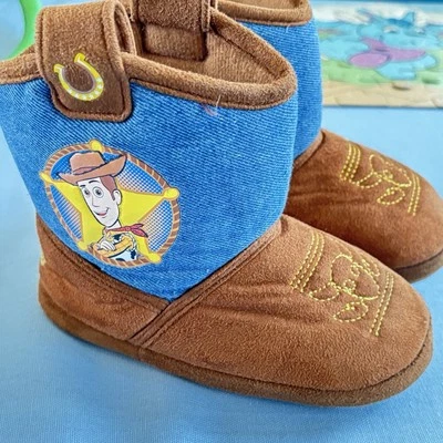 Disney Pixar Toy Story Sheriff Woody Boot Slipper Toddler Size 9/10 Brown Denim - Image 1 of 4