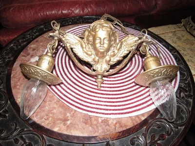 ANTIGUA LÁMPARA DE ARAÑA DE HIERRO FUNDIDO ART NOUVEAU QUERUBÍN ÁNGEL VINTAGE Foto 1 de 4