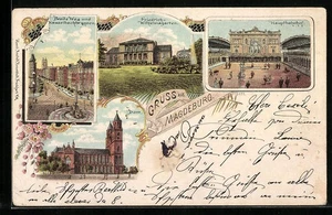 Lithographie Magdeburg, Breite Weg und Hasselbachbrunnen, Hauptbahnhof, Dom 189 - Picture 1 of 2
