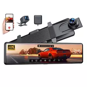 Lamtto 12" Mirror Dash Cam 4K 1080P Rear View Dual Dash Camera With WiFi&GPS - Picture 1 of 7