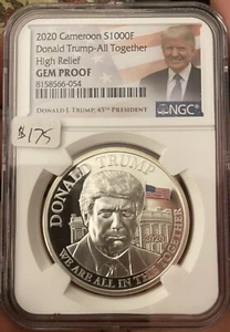 2020 Cameroon S 1000F 1oz Silver Donald Trump High Relief NGC Gem Proof - Picture 1 of 2
