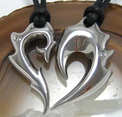 Partner Anhänger Herren Damen Edelstahl Drachen+Phönix = Herz silber poliert  - Bild 1 von 4