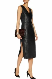 Womens Black Leather Dress Genuine Lambskin Evening Cocktail Ladies Dress - 004 - Picture 1 of 8