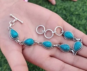 925 Sterling Silver Turquoise Bracelet Handmade Gemstone Jewelry for Women - Picture 1 of 6