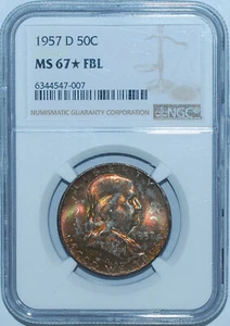 1957 D NGC MS67☆FBL Full Bell Lines Franklin Half Dollar Great Color - Picture 1 of 2