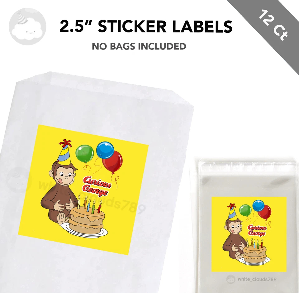 12 etiquetas adhesivas Curious George de 2,5" para bolsa caja de golosinas fiesta de cumpleaños favor Foto 1 de 1
