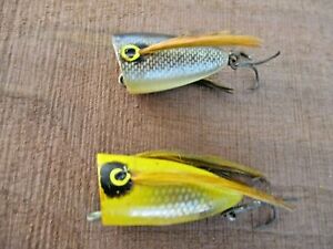 (2) fly rod surface popper lures Unique feather wings Unknown maker 1 1/2-1 3/4