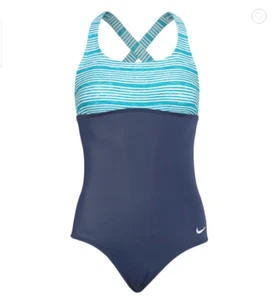 NIKE Womens size Medium Heather Stripe Cross Back One Piece Swimsuit Oracle Aqua - Picture 1 of 12