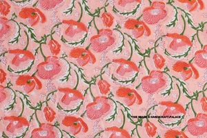 Poppy Print Peach, Pink & Green Hand block Printed Cotton Fabric Indian 5 Yard - Picture 1 of 7