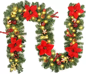 9FT Poinsettia Christmas Garland with Lights, Garland Christmas Decorations with - Picture 1 of 7