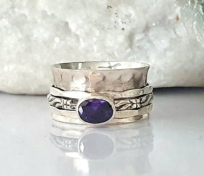 Anillo giratorio de plata esterlina 925 con piedras preciosas de amatista joyería de meditación regalo A-457 Foto 1 de 4