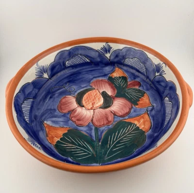 "Plato para servir pintado a mano esmaltado terracota Portugal de colección años 60 con asas pequeñas 10""" Foto 1 de 4