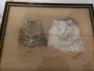 C Joane Bastard 1936 Cat Portrait "Gip" "Smut" Pastel Drawing Cats  - Picture 1 of 3