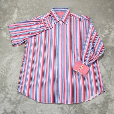 Bigotti Uomo Shirt Mens Large Pink Blue Stripe Cotton Button Long Sleeve - Image 1 of 4