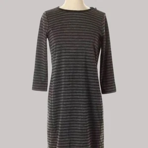 LOFT Womens Striped Dress Size L Gray Black 3/4 Sleeve Shoulder Zip Shift Casual - Picture 1 of 13