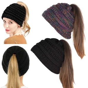 Women Ponytail Beanie Hat Winter Soft Warm Stretch Cable Knit Messy Skull Cap - Picture 1 of 13