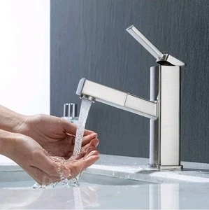 Brushed Nickel Bathroom Sink Faucet with Pull Out Sprayer, Silver Color One Hole - Picture 1 of 5