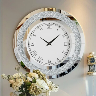Large Crushed Crystal Jewel Wall Clock Round Luxury Loose Diamond Mirror Elegant - Image 1 of 4
