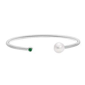 14K White Gold Plated Silver Bracelet 10 TCW Pearl and Small Lab Grown Emerald - Picture 1 of 7