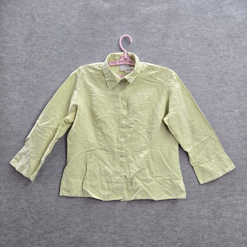 Dressbarn Mujer Abotonada L Verde Floral Seda Lino Cuello Botón Cuello Frontal Foto 1 de 4