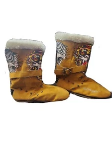New Ed Hardy Mid-Calf Tan Tiger Print Graphic Suede Faux Fur Boots Women Size 8 - Picture 1 of 15