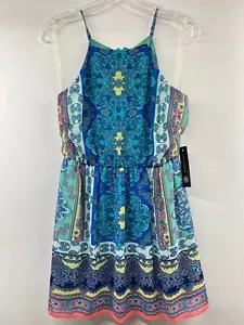 As U Wish Junior Gr. L ärmellos Fit Flare Minikleid U-Boot Ausschnitt blau Paisley - Bild 1 von 6