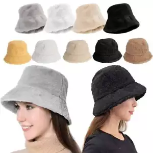 Plush Fluffy Bucket Hat Women Warm Lining Winter Faux Fur Cozy Wide Brim Winter - Picture 1 of 21