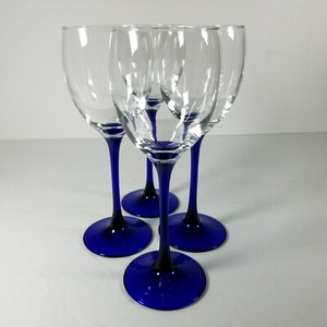 Set of 4 Vintage Blue Stem Wine Glasses 8" Tall