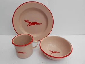 Enamelware Plate Cup Bowl rabbit hare child red 3 pc - Picture 1 of 4