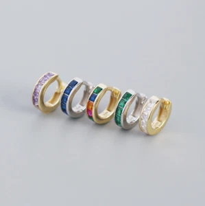 Solid 925 Sterling Silver Small Round Huggie Hoop Earrings Square CZ 10mm K83 - Picture 1 of 18