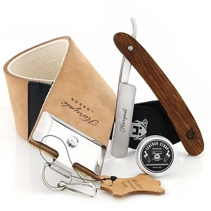 Juego de navajas de afeitar estilo barbero con gota y pasta de cuero afilado vintage - Imagen 1 de 7