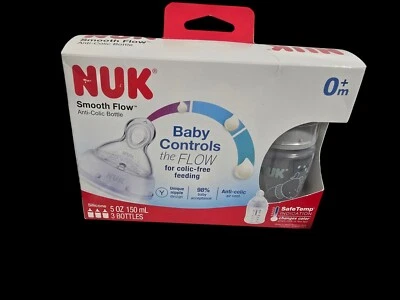 NUK Smooth Flow Anti Colic Baby Bottle X3 5 oz 0 + Months Unisex Elephant NEW - Image 1 of 4