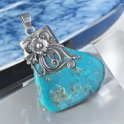 Big Vintage Navajo 925 Sterling Silver Royston Turquoise Slab Pendant Nice Boho - Image 1 of 4