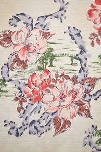 MID CENTURY BARKCLOTH LONG ASIAN FLORAL LENGTH PANEL - Picture 1 of 17
