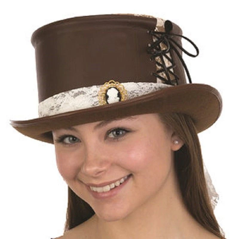 Steampunk Top Hat - Lace - Faux Leather - Brown - Costume Accessory - Adult Teen - Image 1 of 1