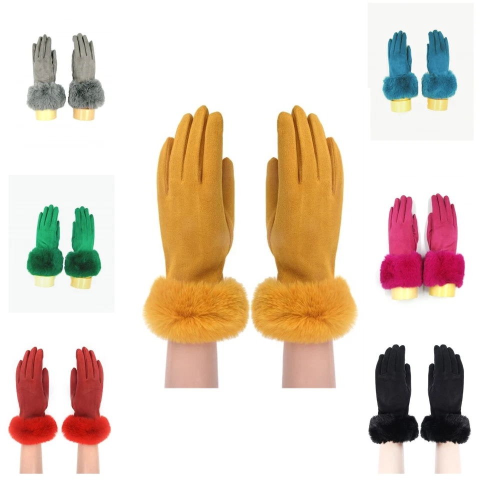Woman Girl Cotton Blend Suede Looking Faux Fur Trim Design Classic Plain Glove - Image 1 of 1