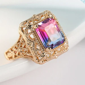 Hollow Purple Pink Rainbow Bi Color Tourmaline Gems Rose Gold Ring Size 6-10 - Picture 1 of 6