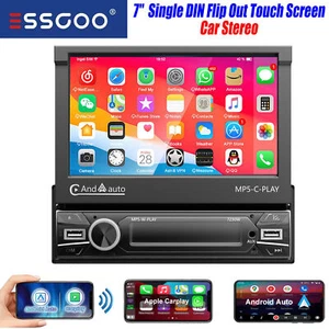 Single 1DIN 7" Car Stereo Radio Android Auto Apple Carplay Flip Out Touch Screen - Picture 1 of 15