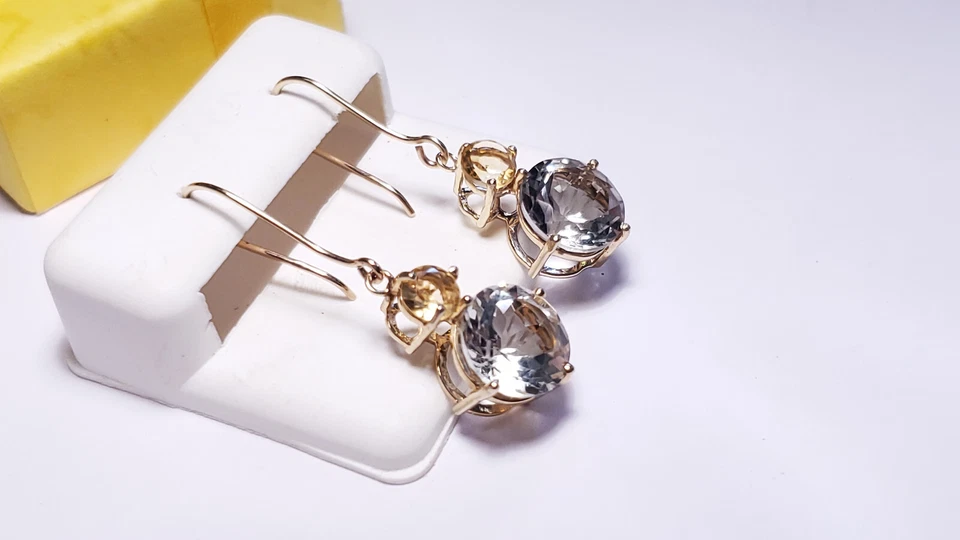 Estate 7.0ctw Natural Green Beryl and Citrine 14Kt YG basket drop Earrings#22138 Foto 1 de 4